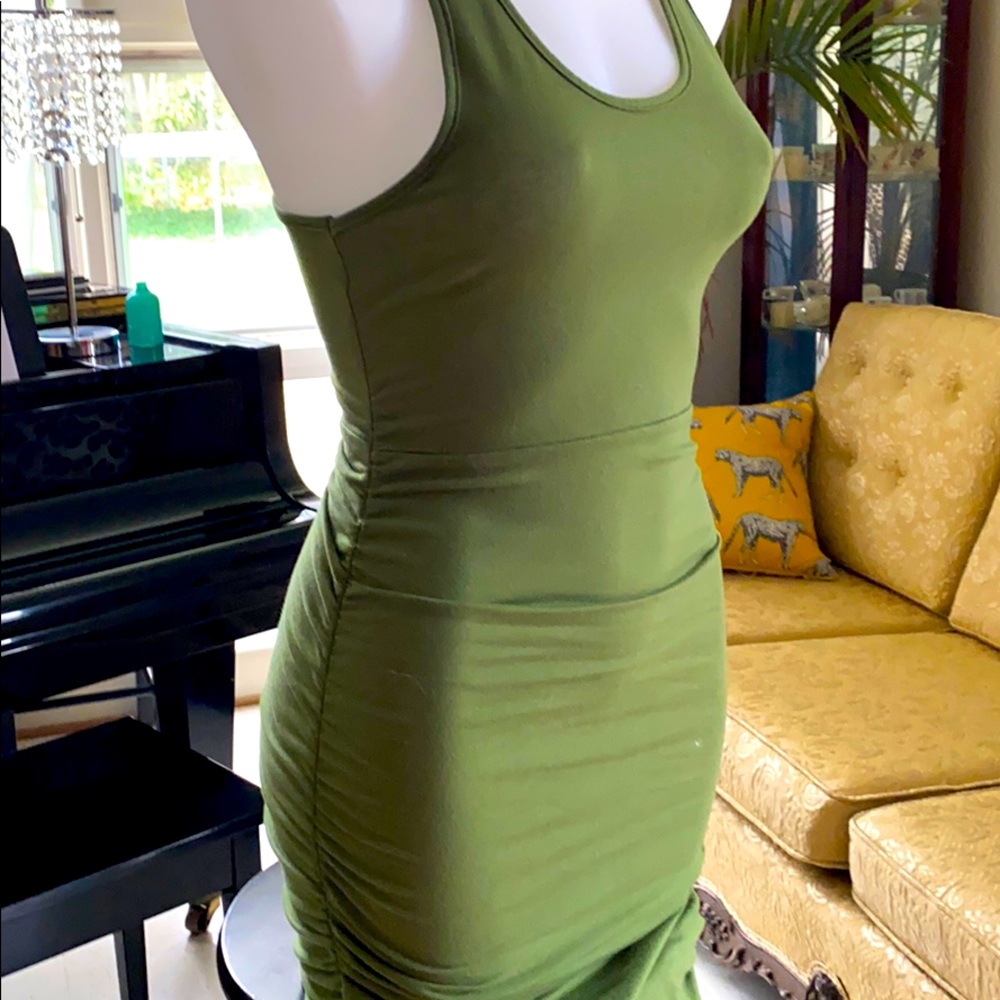 Ruched green racer back midi tank dress